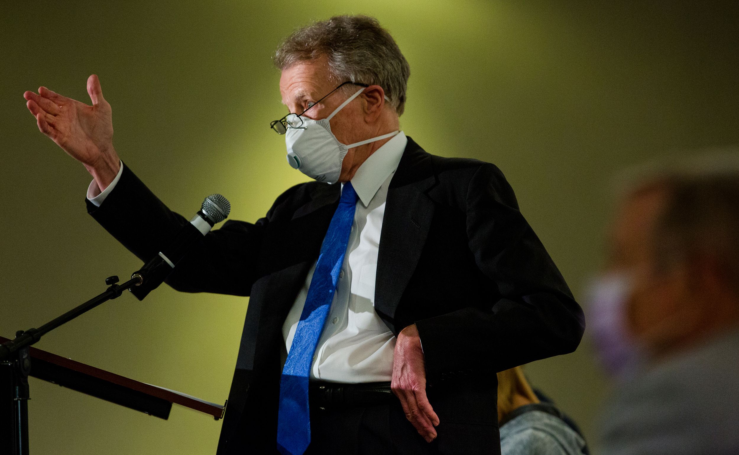 Michael Madigan wears a white face mask while he addresses Democratic Party of Illinois meeting in Springfield, July 2020.