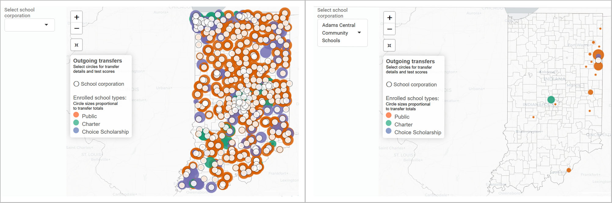 Two maps of Indiana. The left is covered by small orange, green, purple and white circles, obscuring the map. The right includes only a few of the colored circles.