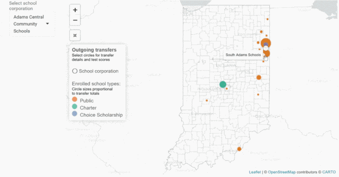 A map of Indiana with a few colored circles. When a circle is clicked, a popup chart with a line chart and a beeswarm chart. When it is closed, Indiana has been shifted down, mostly out of view.