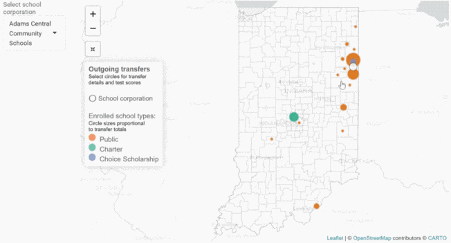 A map of Indiana with a few colored circles. When a circle is clicked, a popup chart with a line chart and a beeswarm chart. When it is closed, Indiana is returned to its original location.