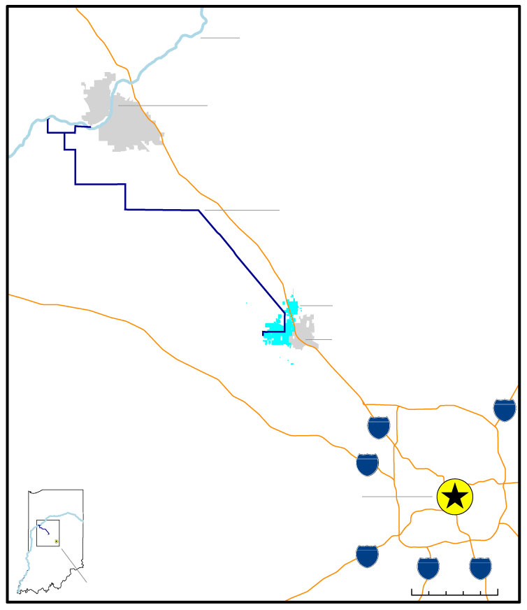 Map showing an area of east central Indiana and the path of a proposed water pipeline from the Lafayette, Ind. area to a development district in Lebanon, Ind. The map also shows area interstates and an inset map showing the area in the context of the entire state.