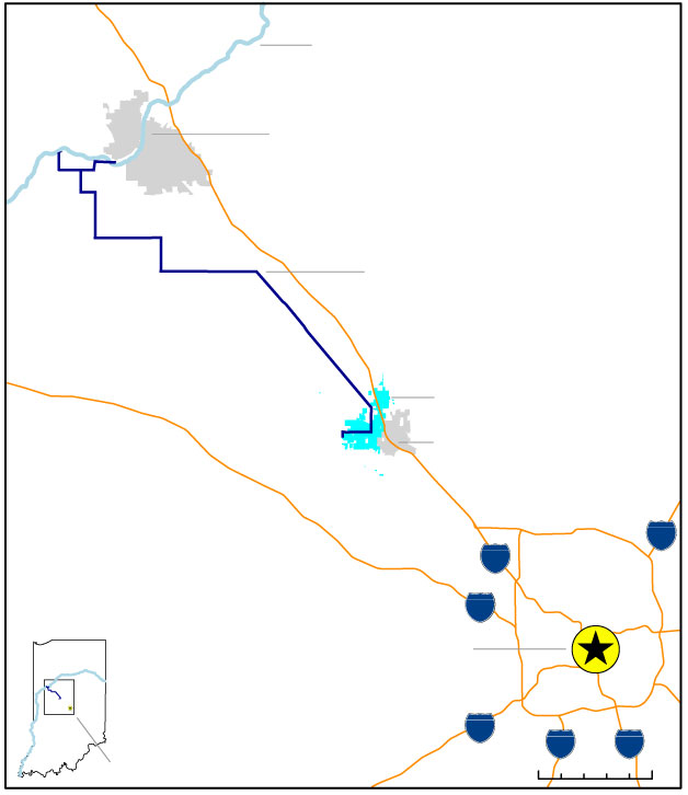 Map showing an area of east central Indiana and the path of a proposed water pipeline from the Lafayette, Ind. area to a development district in Lebanon, Ind. The map also shows area interstates and an inset map showing the area in the context of the entire state.