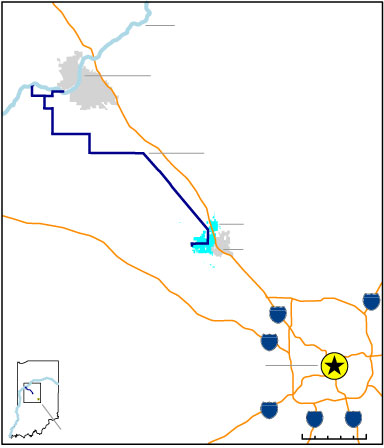 Map showing an area of east central Indiana and the path of a proposed water pipeline from the Lafayette, Ind. area to a development district in Lebanon, Ind. The map also shows area interstates and an inset map showing the area in the context of the entire state.